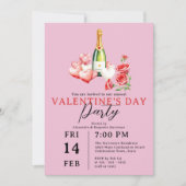 Rozen Champagne en Hearts Valentijnsdag Party Kaart (Voorkant)