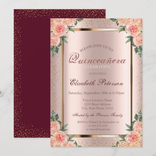 Rozen Confetti Roos Gold, Burgundy Quinceañera Kaart (Voorkant / Achterkant)
