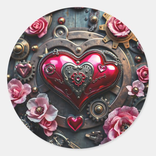 Rozen, Copper Heart en Metal Gears Steampunk Ronde Sticker (Voorkant)