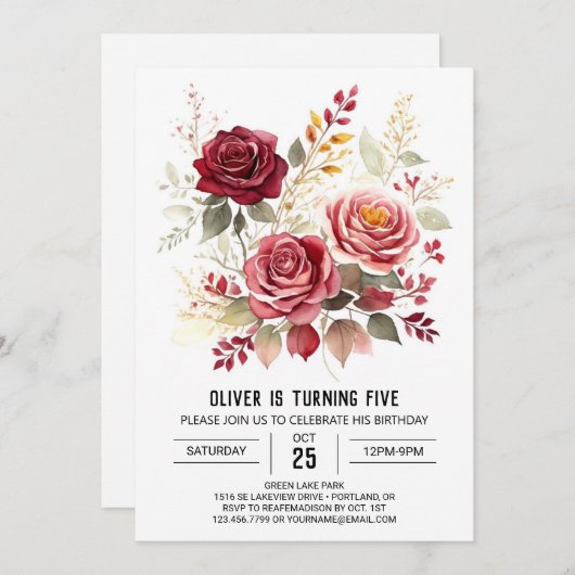 Rozen Digitale Bourgogne Bloemen Verjaardag Kaart (Voorkant / Achterkant)