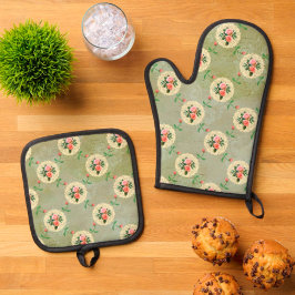  Rozen Doilies Vervaagd Smoky Green Damask Ovenwant & Pannenlap Set