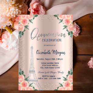 Rozen,Eiffeltoren,Bloemen,Roze Gouden Quinceañera Kaart