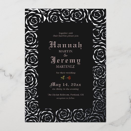 Rozen Elegant Black Silver Folie Uitnodiging (Voorkant)