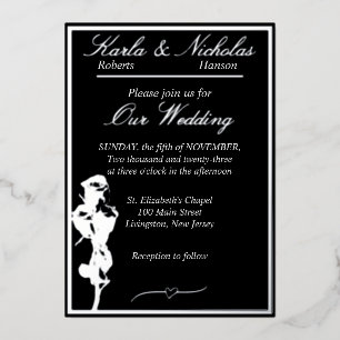 Rozen, Elegant Black Wedding, Silver Folie Uitnodiging