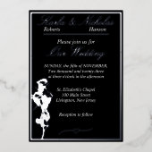Rozen, Elegant Black Wedding, Silver Folie Uitnodiging (Voorkant)