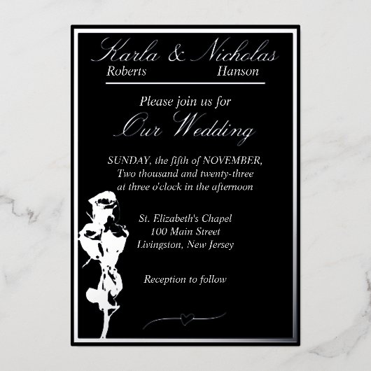 Rozen, Elegant Black Wedding, Silver Folie Uitnodiging (Voorkant)