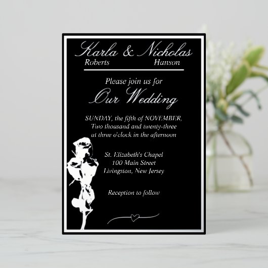 Rozen, Elegant Black Wedding, Silver Folie Uitnodiging (Staand Voorkant)