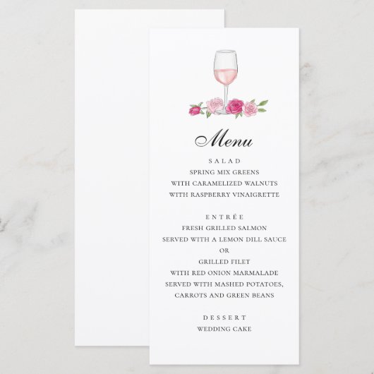 Rozen. Elegant roze bruiloft. Glas wijn Menu (Voorkant / Achterkant)