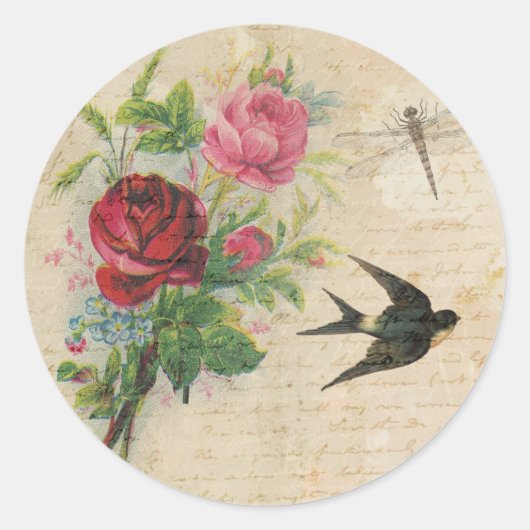  Rozen Elegante Bloemenvogel Dragonfly Chic Ronde Sticker (Voorkant)