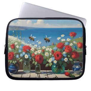 Rozen en bijen met een oceaan Uitzicht Laptop Sleeve