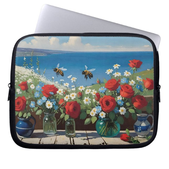 Rozen en bijen met een oceaan Uitzicht Laptop Sleeve (Voorkant)