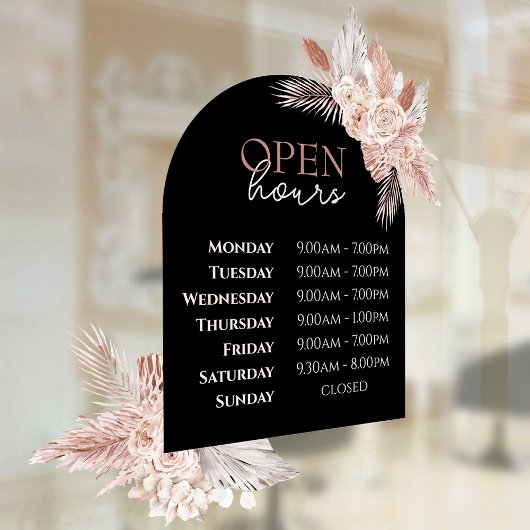 Rozen en Black Arch Open Hours Window Cling Raamsticker