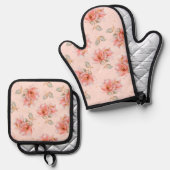 Rozen en bladeren ovenwant & pannenlap set (Voorkant / Achterkant)