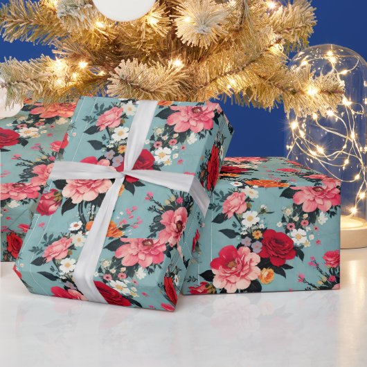  Rozen en bloemen op een blauwe achtergrond Cadeaupapier (Feestdagen)