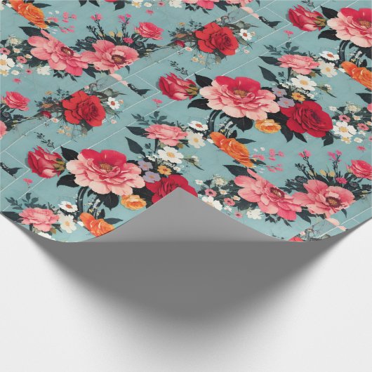 Rozen en bloemen op een blauwe achtergrond Cadeaupapier (Hoek)