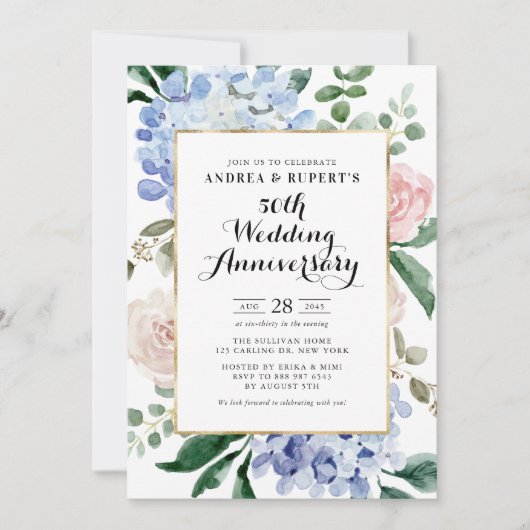 Rozen en Blue Hydrangeas 50e bruiloft Jubileum Kaart (Voorkant)