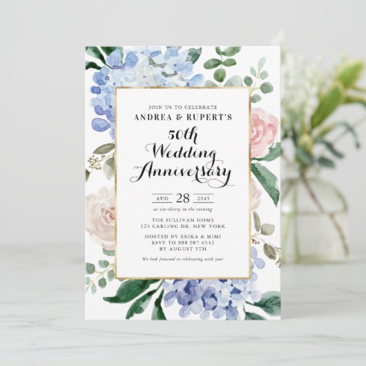 Rozen en Blue Hydrangeas 50e bruiloft Jubileum Kaart (Staand voorkant)