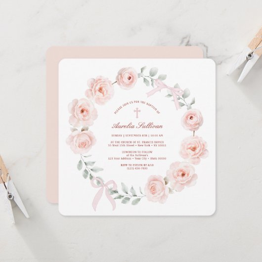 Rozen en bogen krans doop kaart (Voorkant / Achterkant in situ)