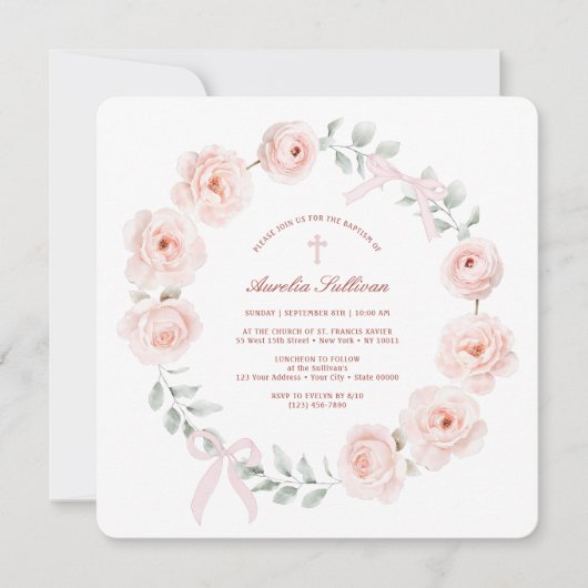 Rozen en bogen krans doop kaart (Voorkant)