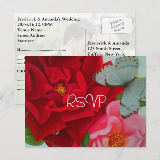 Rozen en Butterfly Wedding Noite RSVP met foto Uitnodiging Briefkaart (Voorkant / Achterkant)