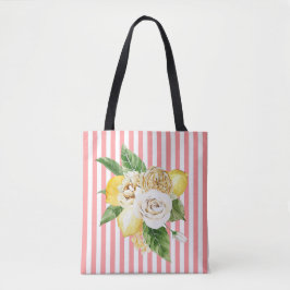 Rozen en citroenen op roze strepen tote bag