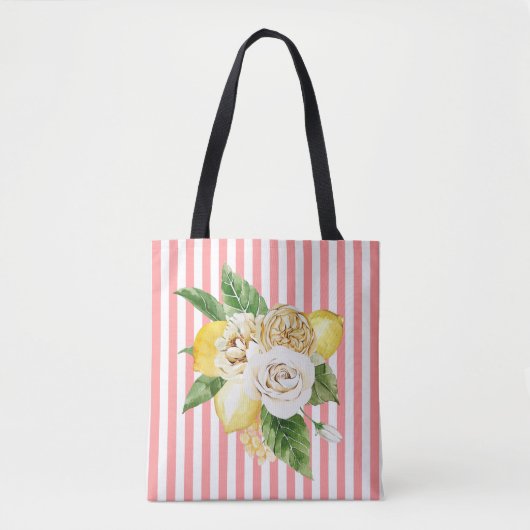 Rozen en citroenen op roze strepen tote bag (Voorkant)