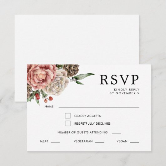 Rozen en Dennen Calligraphy Bloemrijke Winter Brui RSVP Kaartje (Voorkant / Achterkant)