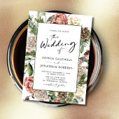 Rozen en dennen kalligrafie bloemenwinter bruiloft kaart