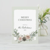Rozen en dennenappels Kerstgroen Feestdagenkaart (Staand voorkant)