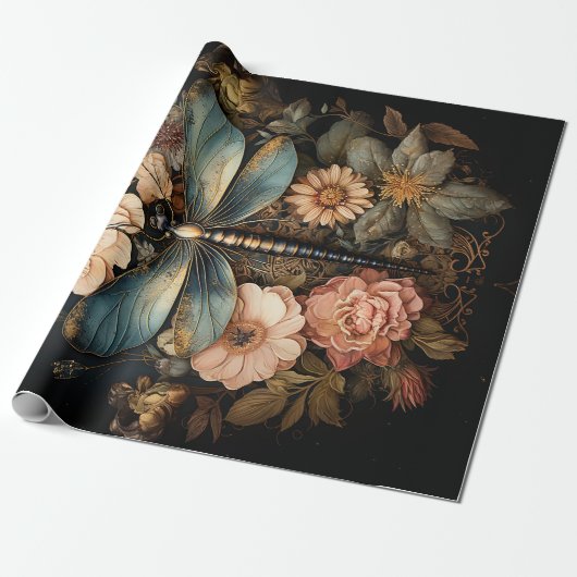 Rozen en Dragonfly Cadeaupapier (Uitgerold)