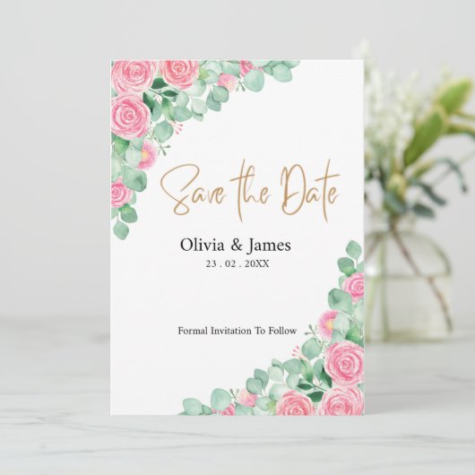 Rozen en Eucalyptus bruiloft Bewaar de datumkaart (Staand voorkant)