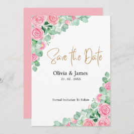 Rozen en Eucalyptus bruiloft Bewaar de datumkaart