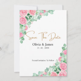 Rozen en Eucalyptus bruiloft Bewaar de datumkaart