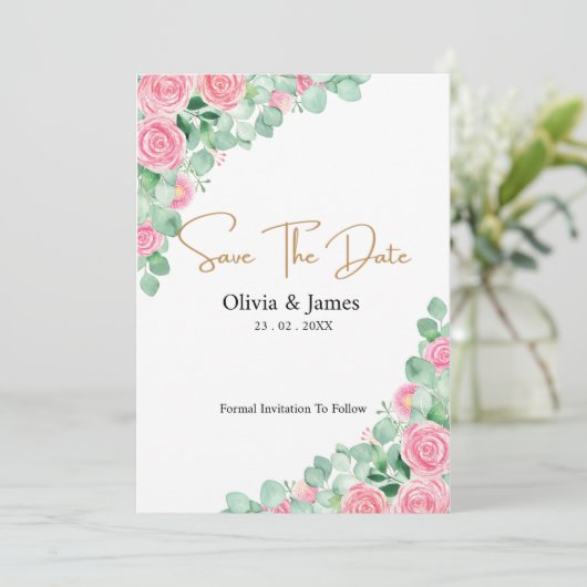 Rozen en Eucalyptus bruiloft Bewaar de datumkaart (Staand voorkant)
