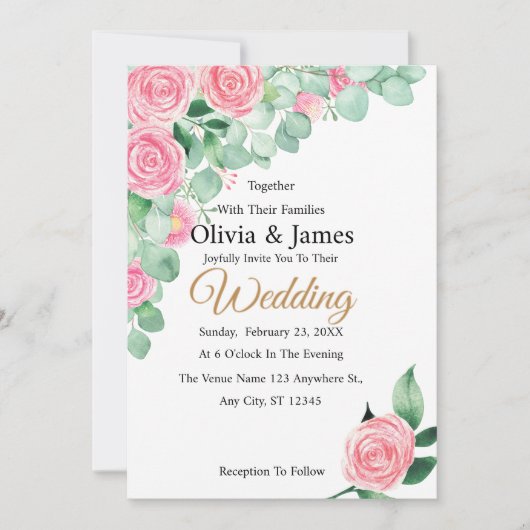 Rozen en Eucalyptus bruiloft Kaart (Voorkant)