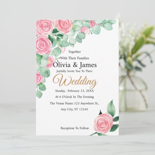 Rozen en Eucalyptus bruiloft Kaart (Staand voorkant)