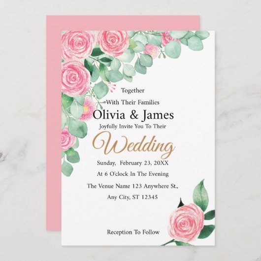 Rozen en Eucalyptus bruiloft Kaart (Voorkant / Achterkant)
