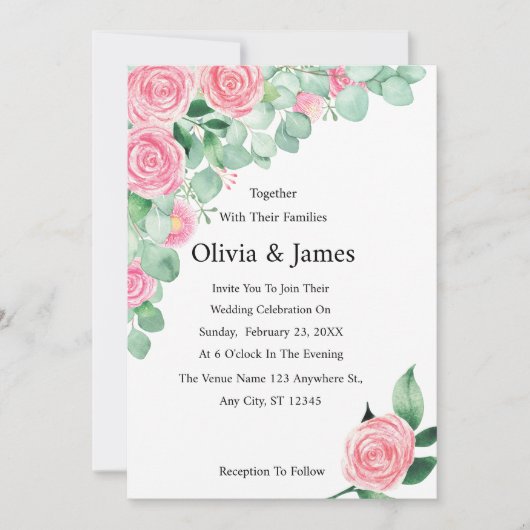 Rozen en Eucalyptus bruiloft Kaart (Voorkant)