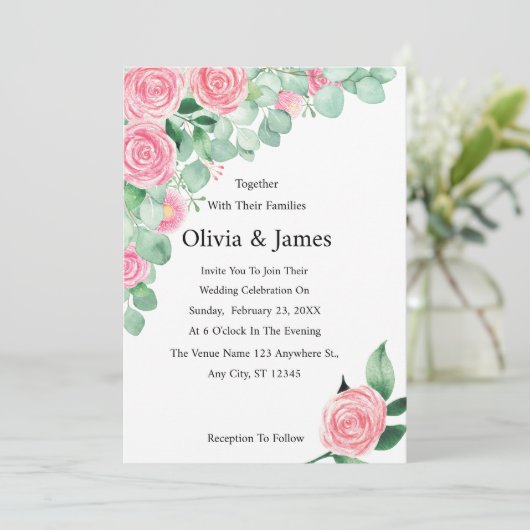 Rozen en Eucalyptus bruiloft Kaart (Staand voorkant)