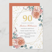 Rozen en Eucalyptus Floral 90e verjaardag Invi Kaart (Voorkant / Achterkant)