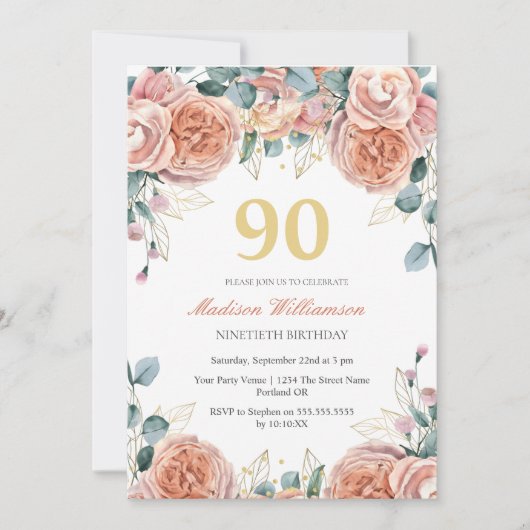 Rozen en Eucalyptus Floral 90e verjaardag Kaart (Voorkant)