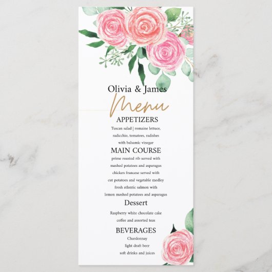 Rozen en Eucalyptus huwelijksmenu's Menu (Voorkant)
