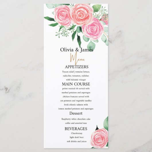 Rozen en Eucalyptus huwelijksmenu's Menu (Voorkant)