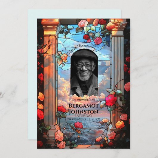 Rozen en Glas in lood begrafenis Aankondiging (Voorkant / Achterkant)