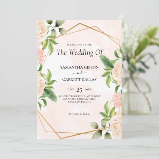 Rozen en gouden Lijst bruiloft Kaart (Staand voorkant)