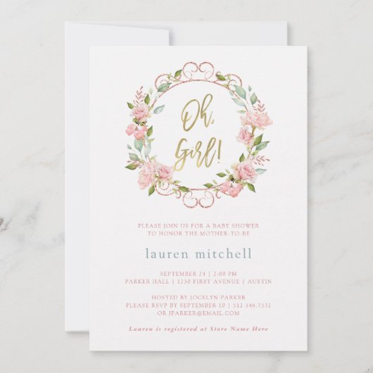  Rozen en Gouden Script | Baby Shower Kaart (Voorkant)