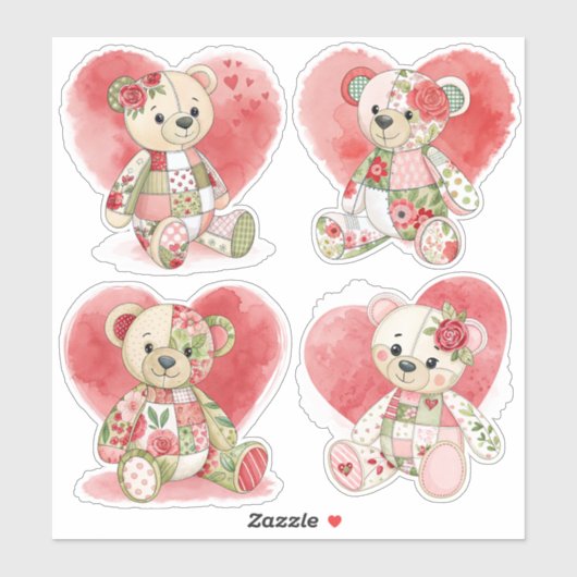 Rozen en harten Patchwork Beren Stickers (Vel)