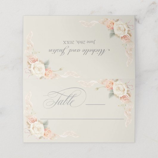 Rozen en kant bloemenbruiloft plaatskaartje (Buitenkant ongevouwen)