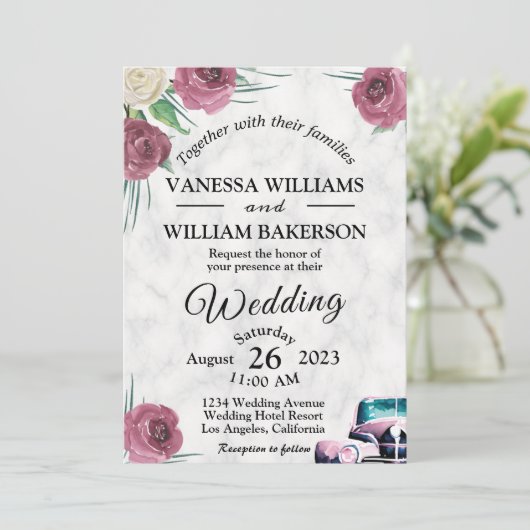 Rozen en klassieke auto bruiloft uitnodiging (Staand voorkant)