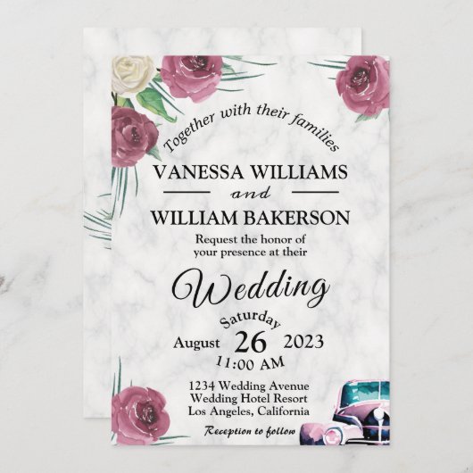 Rozen en klassieke auto bruiloft uitnodiging (Voorkant / Achterkant)